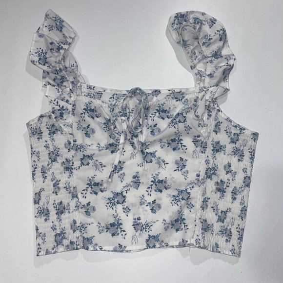 White and blue ruffle shoulder floral printed womens crop  top size xl - Picture 2 of 9